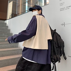 不规则假两件拼接长袖衬衫个性炸街情侣宽松休闲衬衣W3215-P40，男装衬衫，星座412
