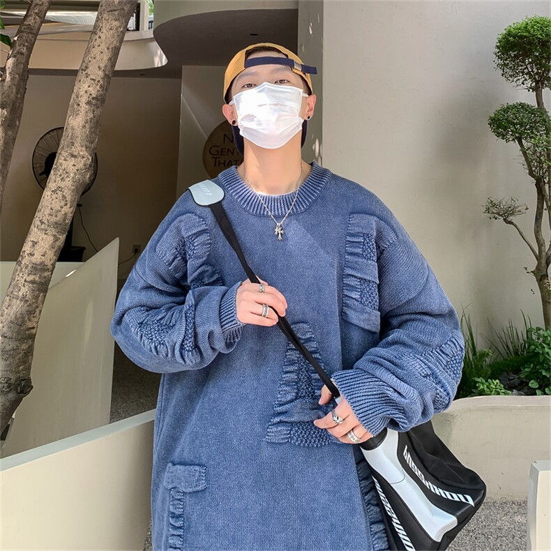 M6128/P85秋冬港风高品质工艺水洗毛衣男大码宽松针织衫外套线衣,男装针织衫/毛衣,电商A141
