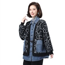 2021年冬季通勤宽松加绒长袖文艺拼接牛仔颗粒绒外套，女装卫衣/绒衫，叶笙衣