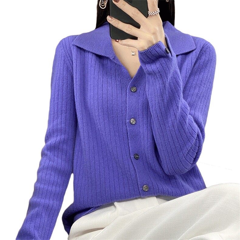 鄂尔多斯市春秋新款翻领100羊毛针织开衫外套女时尚薄外搭毛衣,女装羊毛衫,盛鼎羊绒