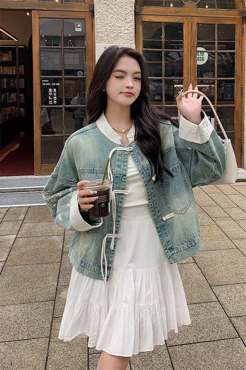 时尚新中式短款牛仔外套女2024新款时尚休闲夹克上衣,女装牛仔外套,千千佰惠
