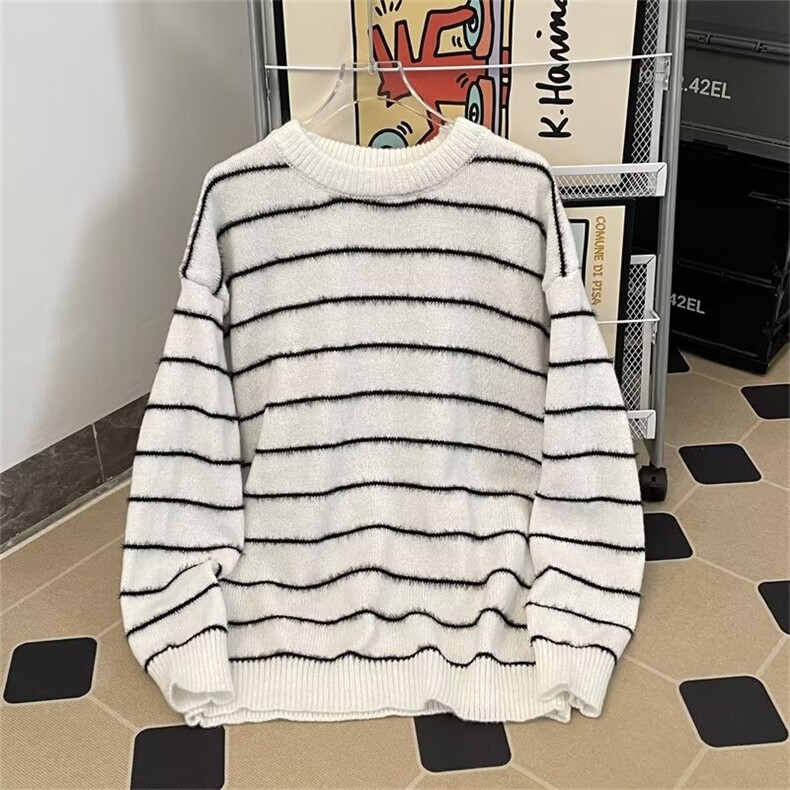 条纹简约通勤针织衫男圆领宽松百搭毛衣长袖上衣男5690P42，男装针织衫/毛衣，星座410-2