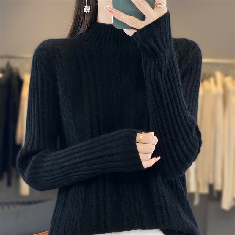 百搭女半高领麻花纹绞花羊毛衫羊毛保暖显瘦长袖针织衫，女装羊毛衫，开创羊绒