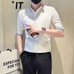 店主风社会小伙男绣花七分袖衬衫男潮流休闲衬衣301A-1/CS567/P55图片