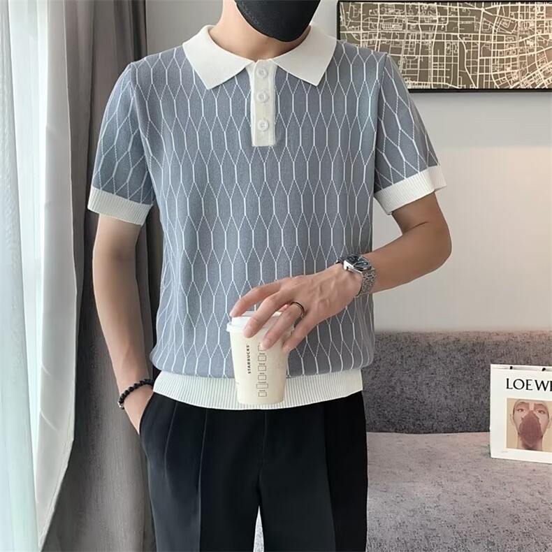 2024夏季马球衫男士半袖T恤 重工艺提花网格青年翻领polo衫 S321图片