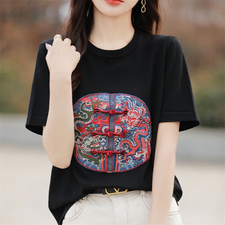 新中式刺绣短袖T恤女夏季圆领套头宽松显瘦百搭盘扣潮上衣,针织衫/毛衣,萱芳婷羊绒