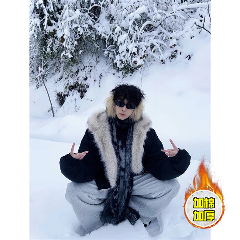 现货高品质美式高街冬季重磅硬挺短款座山雕毛领棉衣男女加厚外套，男装棉衣，电商A486-1