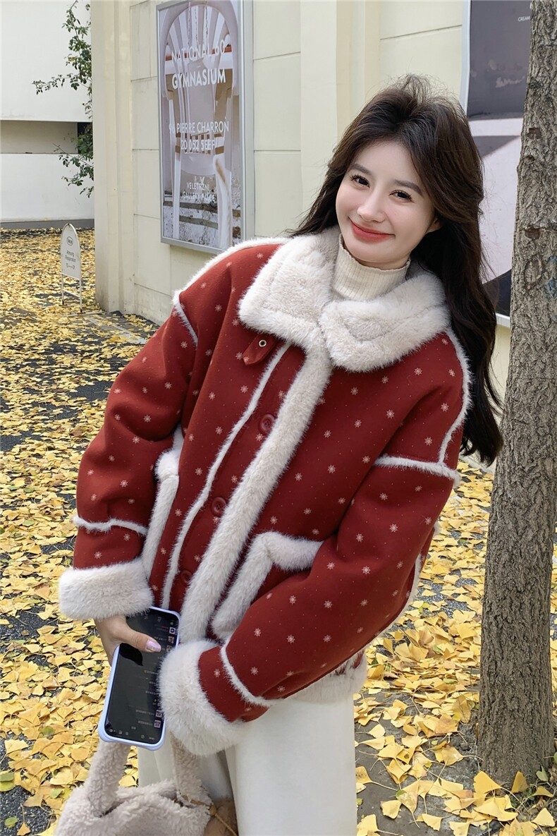 红色麂皮绒印花皮毛一体加厚棉服H8380P215K328,女装棉衣/棉服,红龙果