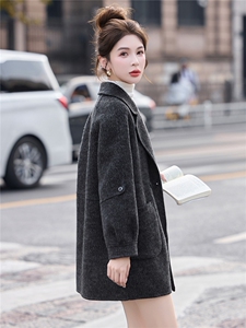 高级感灰色双面羊毛呢大衣女2025秋冬气质西装领宽松显瘦毛呢外套图片