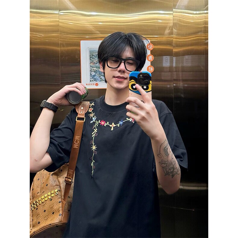 万针全刺绣工艺抖音得物高品质260克重磅纯棉双纱美式高街短袖T恤,男装T恤,电商A486-1