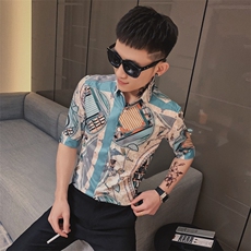312A-251-P55新款社会小伙中袖衬衫韩版潮流男士五分袖衬衣B，男装T恤，星座312A-5