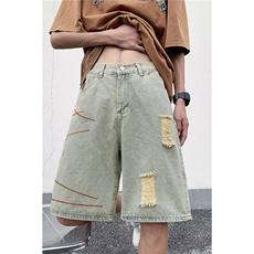 高街夏季破洞牛仔短裤男做旧阔腿五分裤宽松裤子D6607-P36，男装牛仔裤，星座1001-1