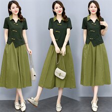 高端复古棉麻连衣裙女夏季2024新款休闲显瘦条纹亚麻套装裙两件套，女装套装/套裙，布芭啦