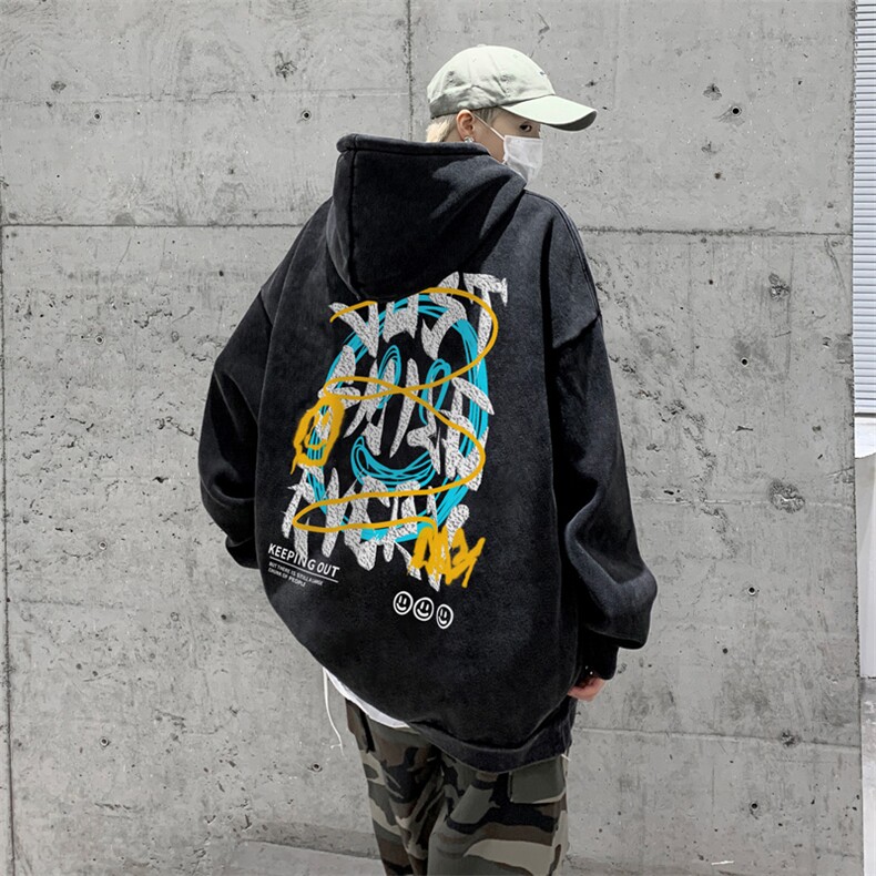 男装做旧加厚连帽卫衣23秋冬季笑脸印花男生外套XZ514-2-6678-P78,女装短外套,星座514-2(原B239)