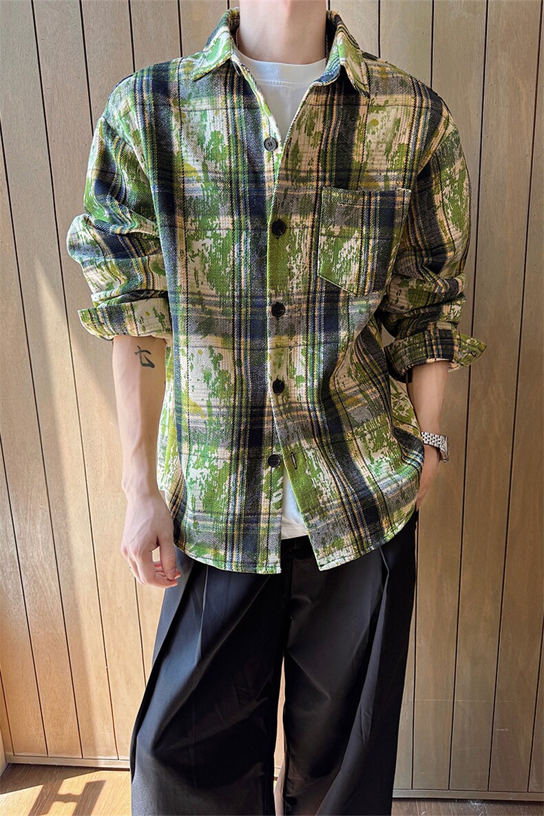复古扎染衬衫青少年痞帅格子高级设计感长袖外套V3072-TP28不,男装衬衫,电商A102