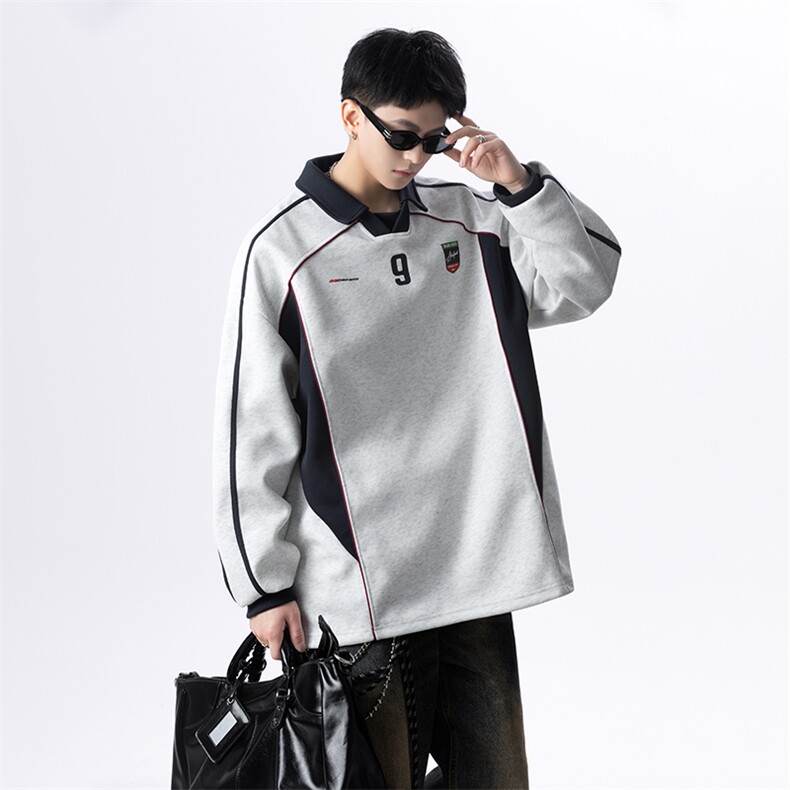 美式复古拼接设计感运动风男女宽松POLO领卫衣长袖特批35，男装Polo衫，星座516