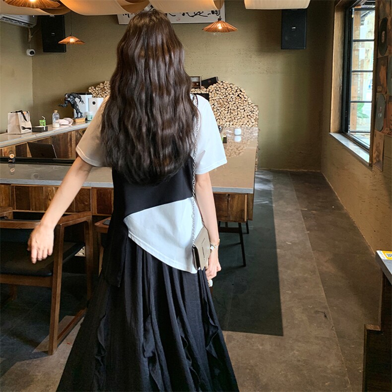 设计感小众套装裙女2025夏新款慵懒风不规则吊带T恤半身裙三件套,女装套装/套裙,2C015