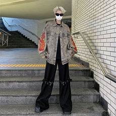 美式复古水洗破坏毛边火焰刺绣牛仔外套潮男女款秋季新款宽松夹克，男装夹克，星座505-2（原电商A260-1)