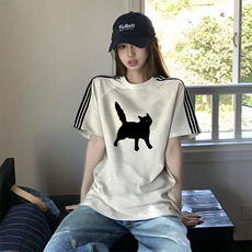 抖音得物品质二开240克宽松纯棉美式潮牌印花三条杠中性风短袖T恤，男装T恤，电商A486-1