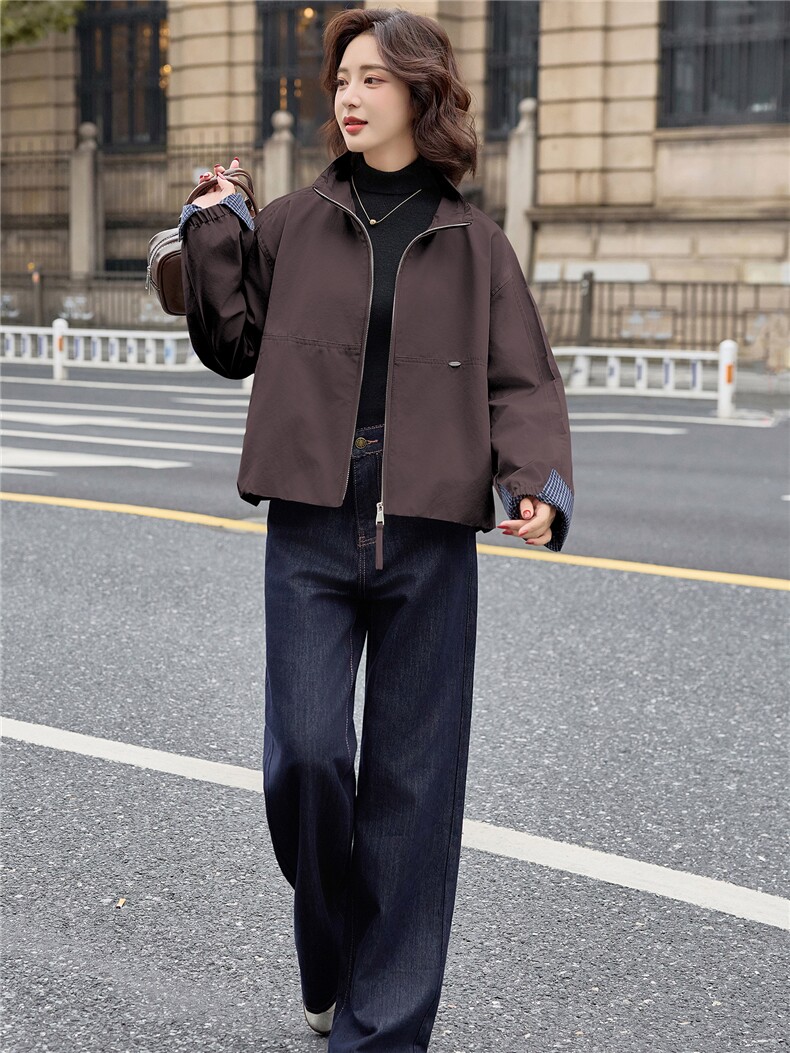 时尚格纹拼接立领短外套女2025秋季新款宽松休闲百搭显瘦夹克上衣,女装短外套,E百度