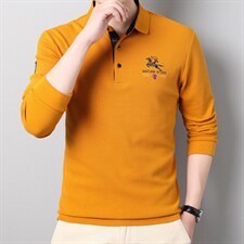 中年纯棉翻领t恤男士长袖POLO衫春秋季2023新款商务休闲上衣服，男装T恤，电商B212（原钱塘6029）