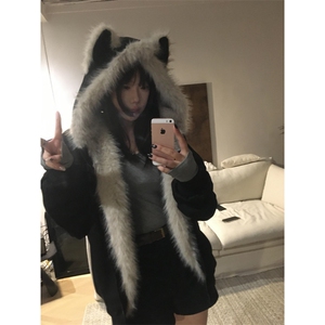 网图 座山雕秋冬季连帽猫耳朵棉衣男女情侣装棉服外套潮流 特P99图片