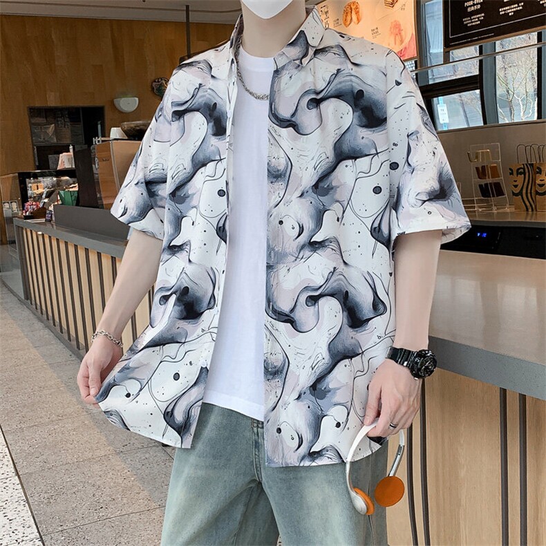 夏威夷花型师花衬衫男夏季潮短袖衬衣翻领海边度假7243特P30图片