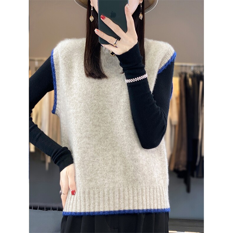 2024秋季新款拼色设计无袖马甲休闲百搭,女装马甲,美雪羊绒