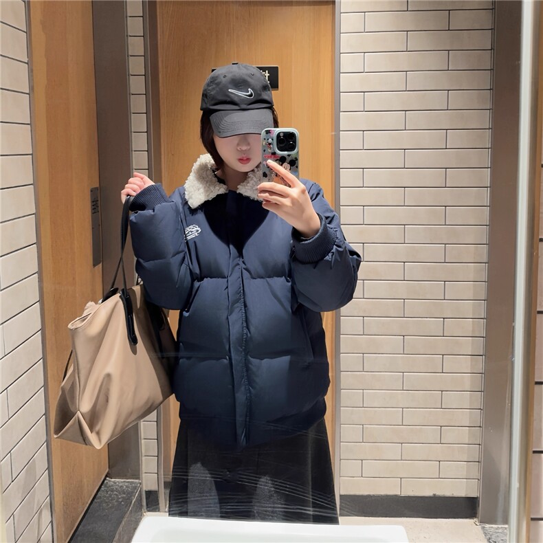 韩系2025冬新款羊羔毛翻领羽绒棉服女学生短款面包服藏青外套,男装棉衣,星座1210-1