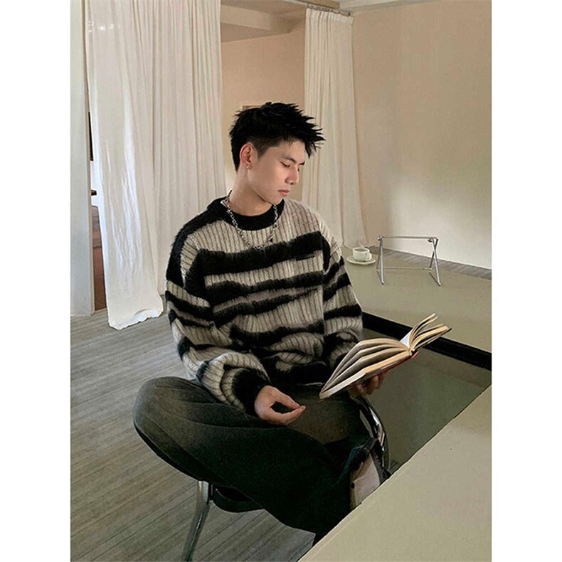 现货懒惰撞色条纹毛衣男秋冬复古宽松小众情侣针织衫WL9577-P48,男装针织衫/毛衣,星座1008