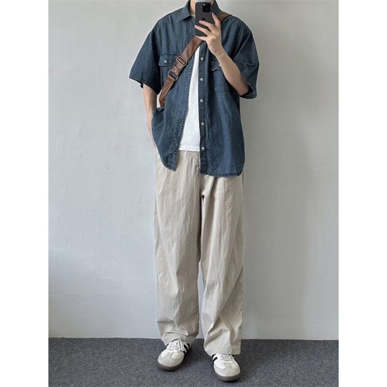 蓝色衬衫男短袖复古水洗做旧美式工装风宽松潮衬衣,男装T恤,星座410-7