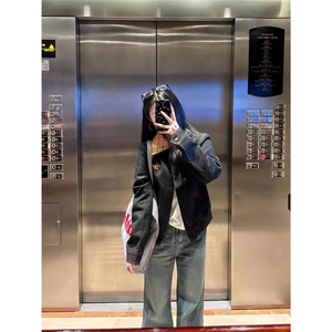 美式复古格子拼接牛仔外套男女春秋冬新款设计工装夹克HH544P85,黑色棉马甲长款搭配图片女图片