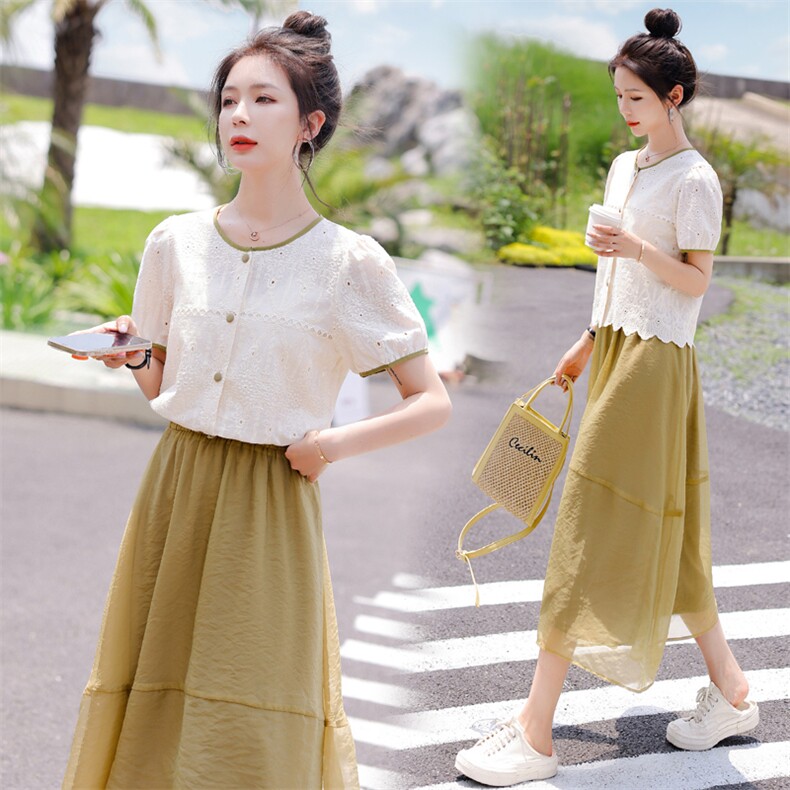 2022夏装新款全棉提花撞色舒适短袖上衣百搭纱裙两件套女士套装，女装套装/套裙，木子恋