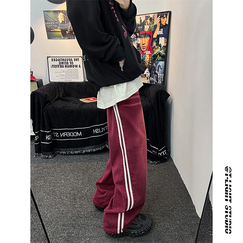 B221美式ins高街小众宽松三条杠运动牛仔裤LK23139-P65控88,男装牛仔裤,电商B221