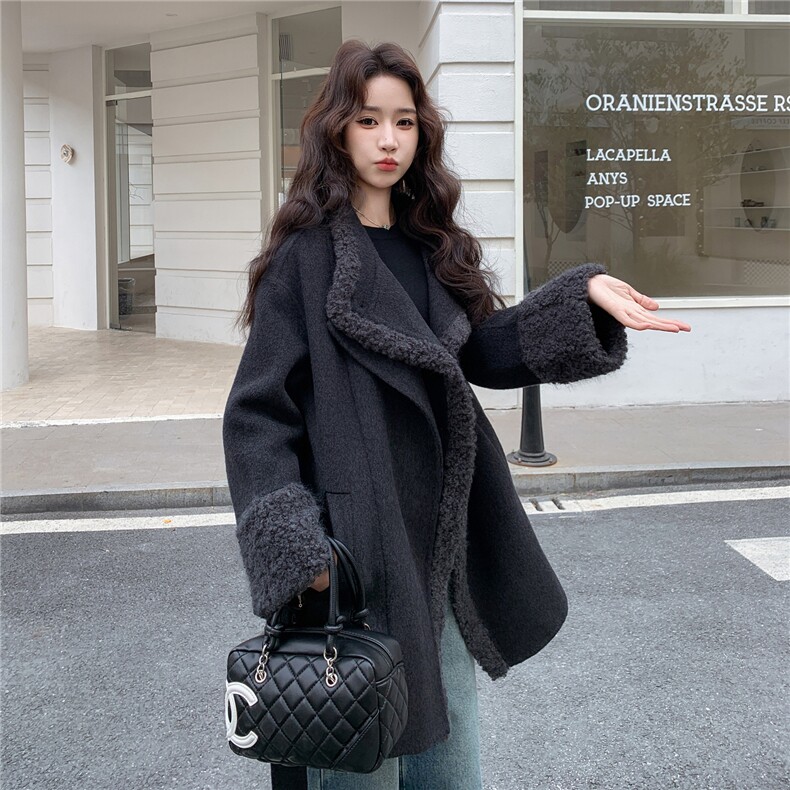 现货！韩版大翻领中长款双面羊毛呢大衣女外套2C325-598P315K458,女装毛呢外套,2C325