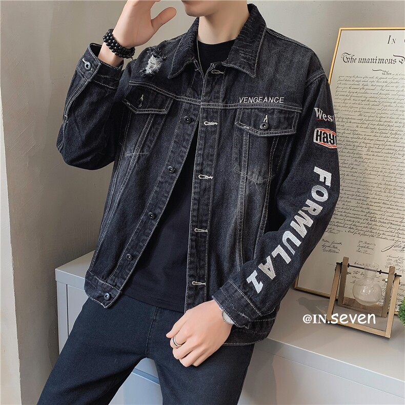JK818-P90-现货店主风牛仔夹克肥仔量足破洞印花大码,男装夹克,星座103A