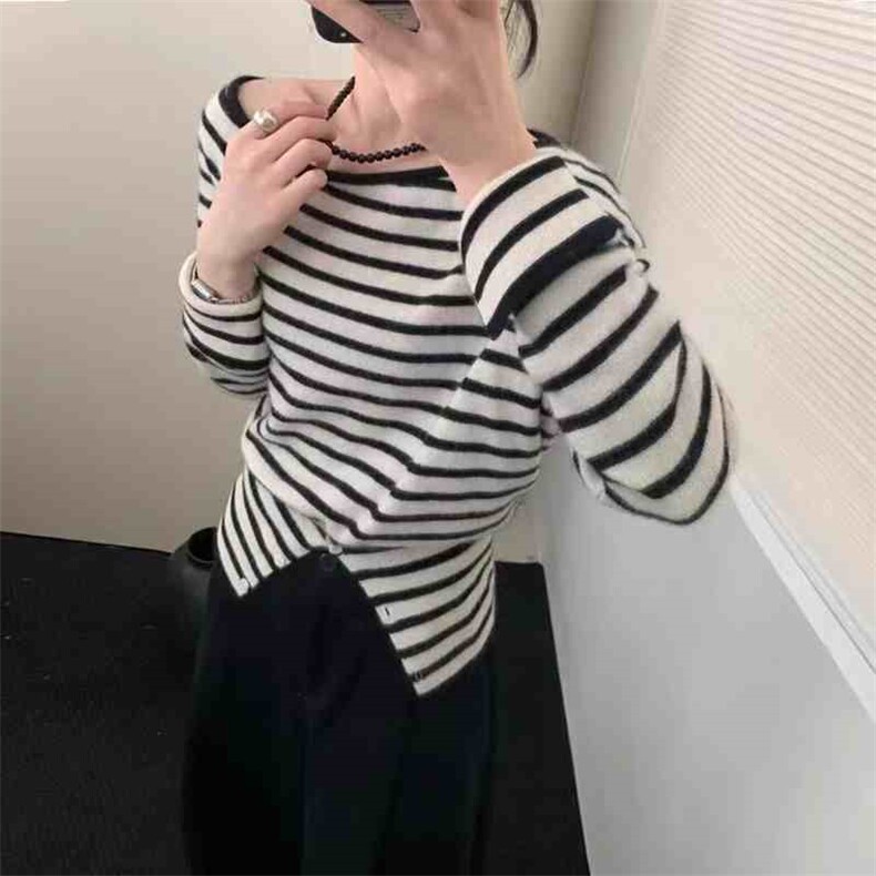 韩版斜肩100衫女套头条纹冬季新款修身针织羊毛打底衫毛衣，女装羊毛衫，佳弈羊绒
