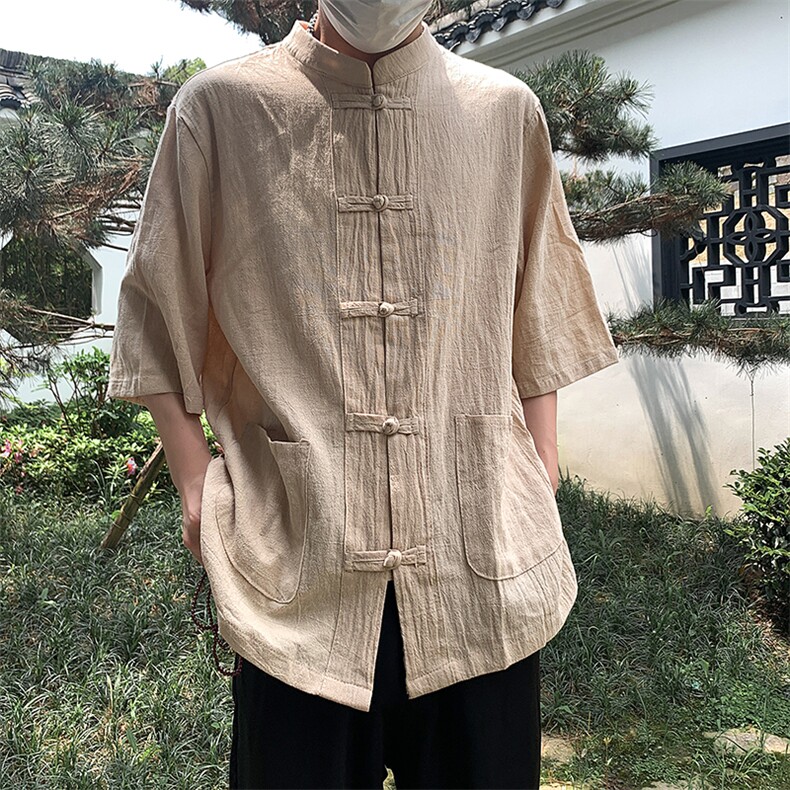 现货新中式亚麻短袖风棉麻中华立领盘扣衬衣MT8515-P38控58,男装T恤,星座205-5