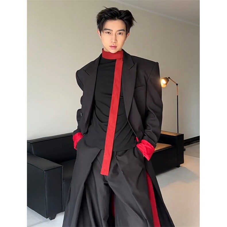 现货~黑红撞色长款垫肩收腰大衣Y960-西装风衣P118毛呢大衣P125，男装西服套装，星座1004-3
