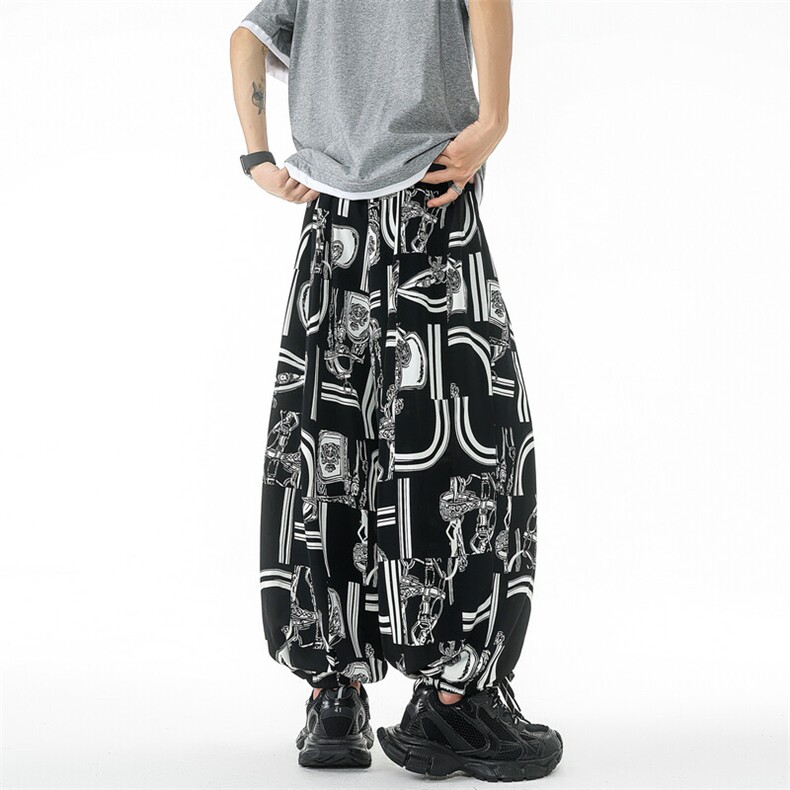 老钱风垂感冰丝印花休闲裤薄老花字母宽松阔腿裤长裤504-K256-P50,男装休闲裤,星座504