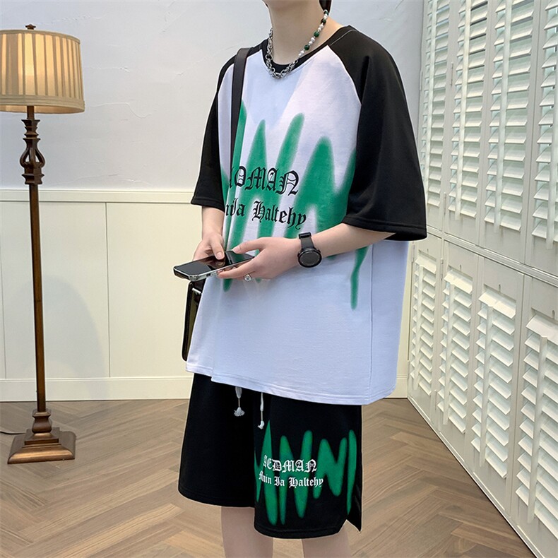 新款夏季冰丝透气休闲短袖T恤套装潮流两件套港风男装TZ323P48,男装休闲套装,电商A086