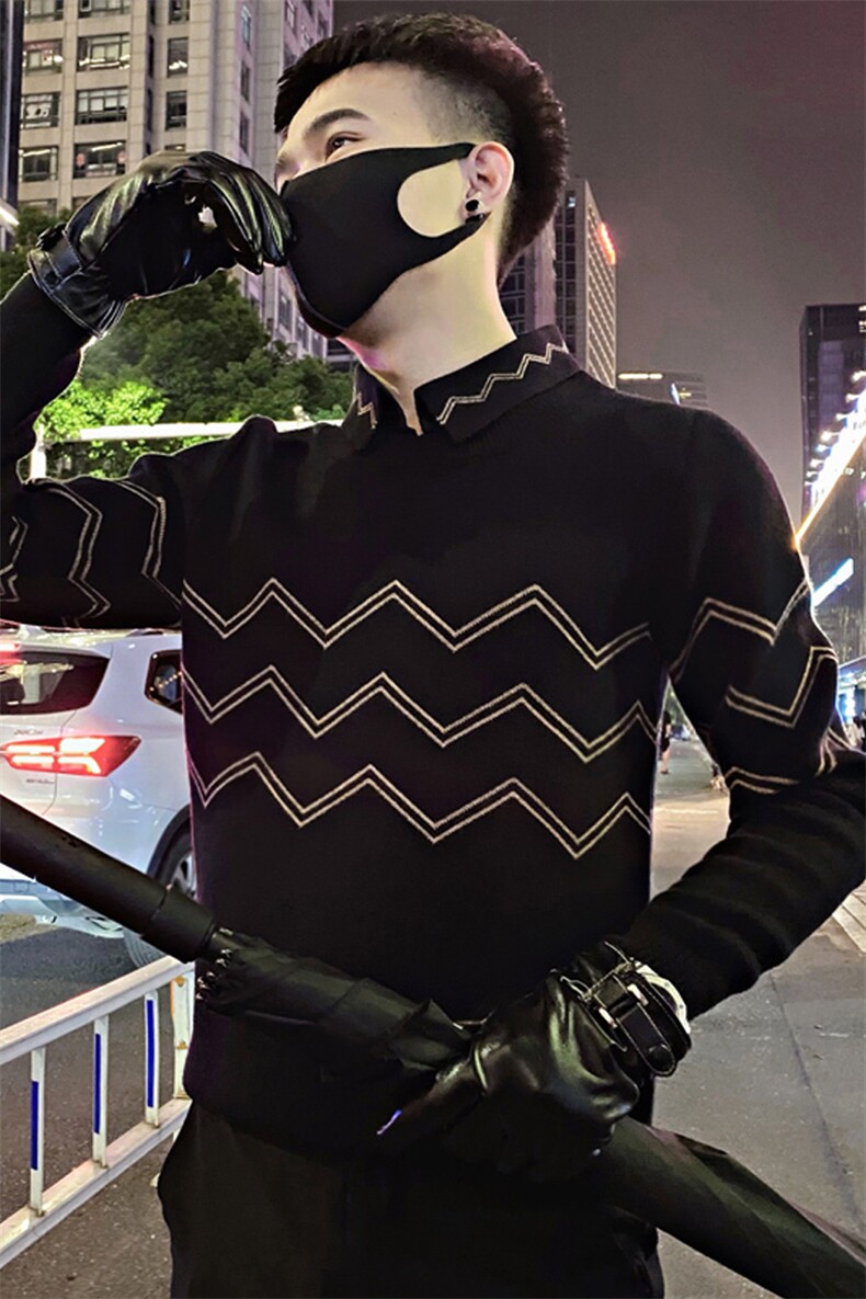 MY17/P75控105冬季痞帅社会小伙复古条纹polo领毛衣ins男士黑首1,男装针织衫/毛衣,星座305B