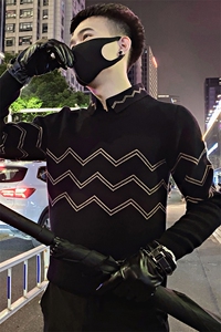MY17/P75控105冬季痞帅社会小伙复古条纹polo领毛衣ins男士黑首1图片