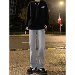 B221美式高街水泥灰弹力直筒牛仔裤LK24146-P60控79 加绒P70控99图片