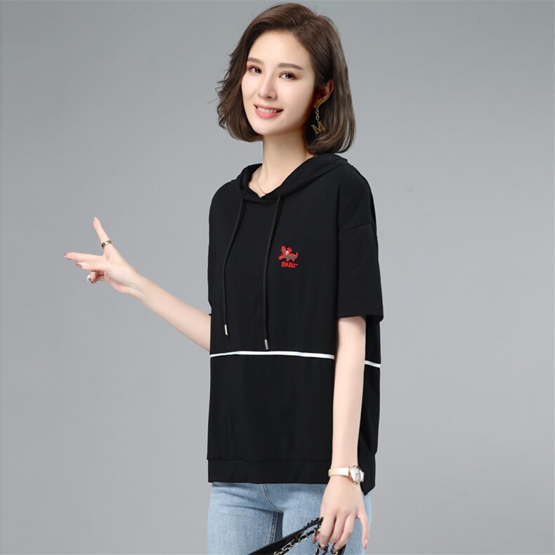【货源稳定常年不下架】2026夏装新款刺绣连帽短袖T恤女纯色B617图片