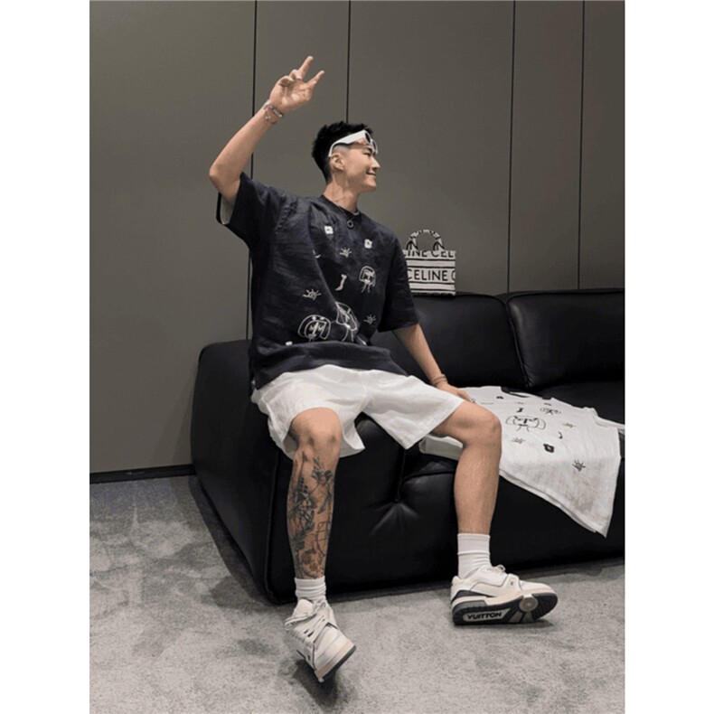 抖音---陈发财--涂鸦刺绣100亚麻短袖T恤t29-TP65,男装T恤,电商A089-1