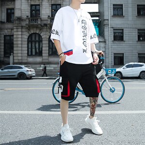 新款夏季潮流时尚T恤男装青少年宽松休闲圆领套装单衣F178P70图片