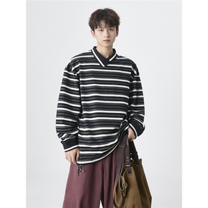 现货PL22-P55控88不规则翻领条纹polo衫男长袖秋季宽松休闲上衣服图片