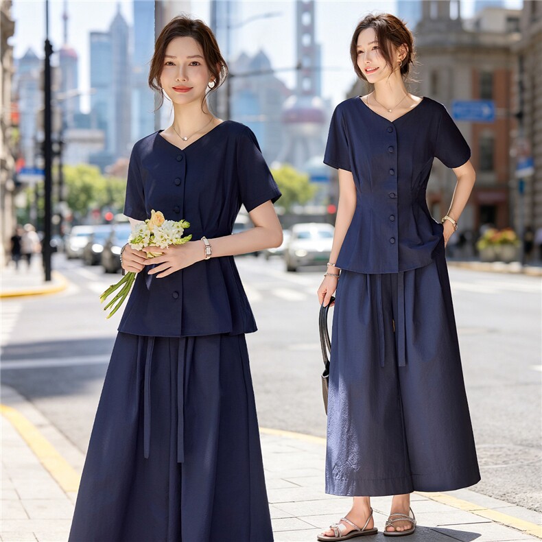休闲时尚阔腿裤套装女夏装2026年新款收腰显瘦减龄气质干练两件套,女装套装/套裙,水衣源