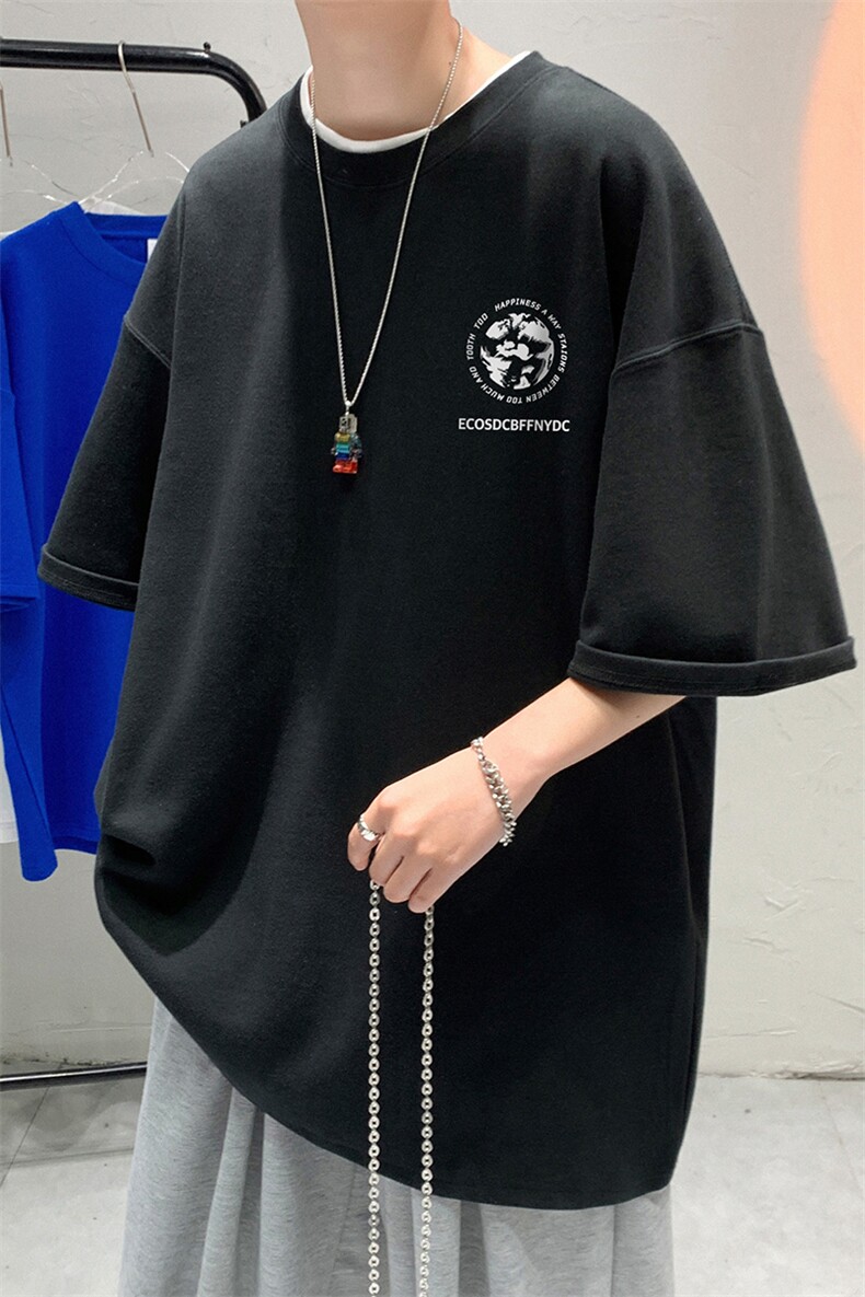 港风纯棉夏季休闲宽松新款短袖T恤地球印花情侣T6017P25控38,男装T恤,电商A268A